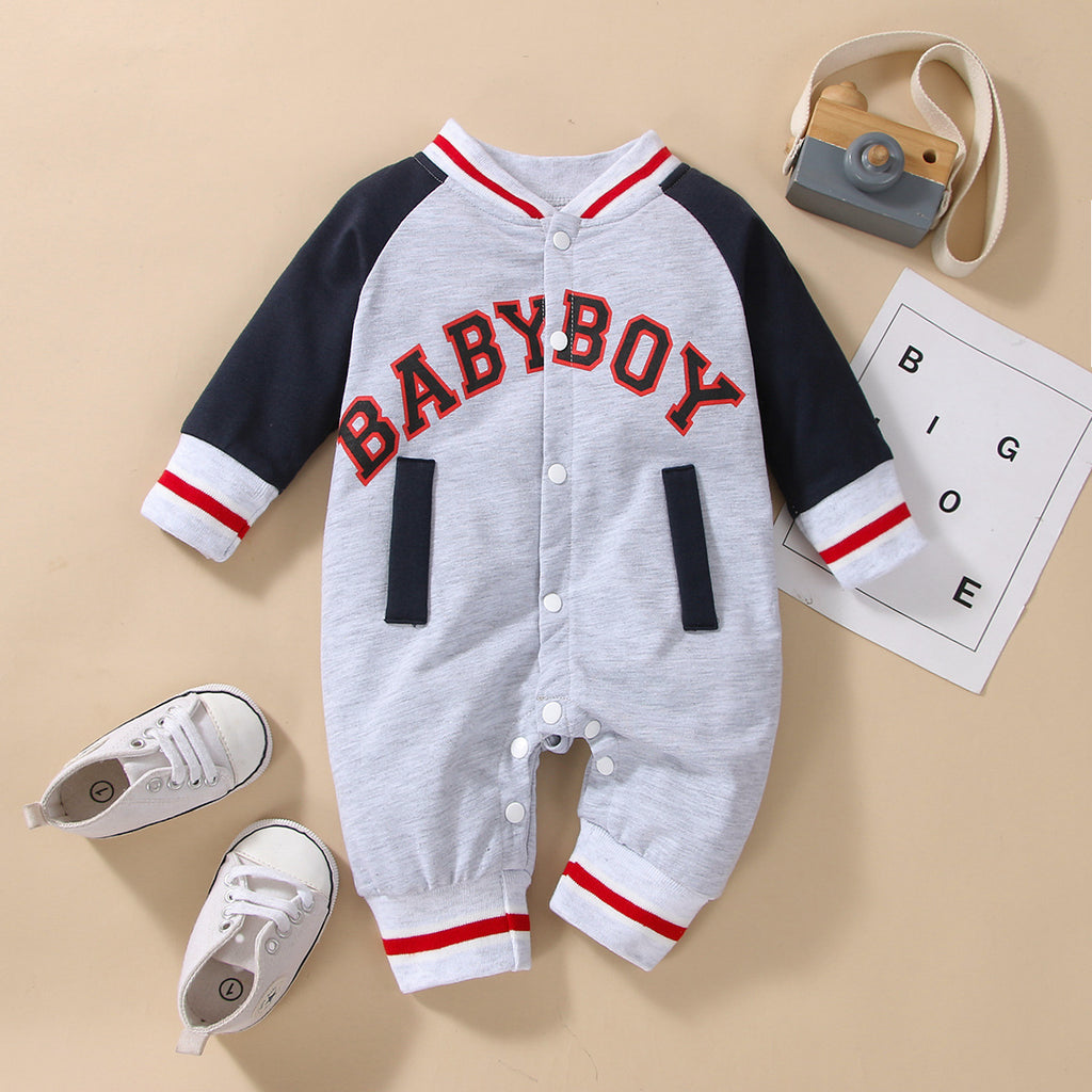 Baby Boys Solid Letter Print Stitched Bomber Jumpsuit - PrettyKid
