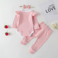 Baby Girls Solid Cotton Bow Jumpsuit Pants Three Piece Set - PrettyKid