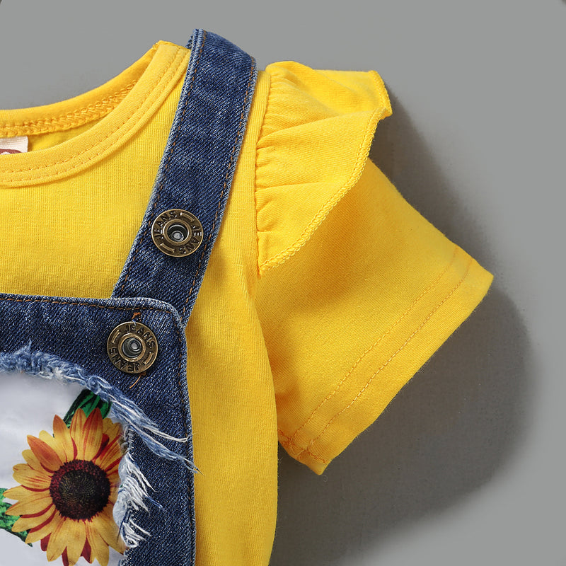 Toddler Kids Girls Solid Color Short Sleeve Top Sunflower Print Suspender Pierced Jeans Set - PrettyKid