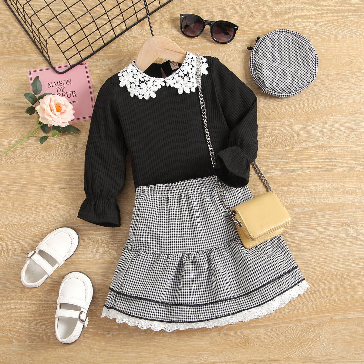 Toddler Kids Girls Long Sleeved Knitted Lace Neckline Top Lattice Lace Skirt Hat Three Pieces Set - PrettyKid