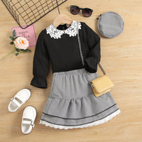 Toddler Kids Girls Long Sleeved Knitted Lace Neckline Top Lattice Lace Skirt Hat Three Pieces Set - PrettyKid