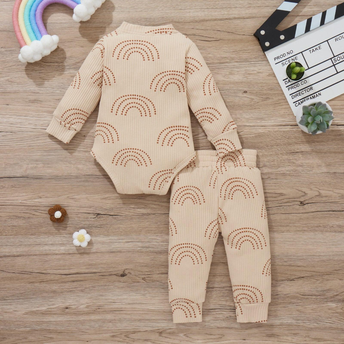 Baby Solid Rainbow Dotted Line Knitted Khaki Long Sleeve Suit - PrettyKid