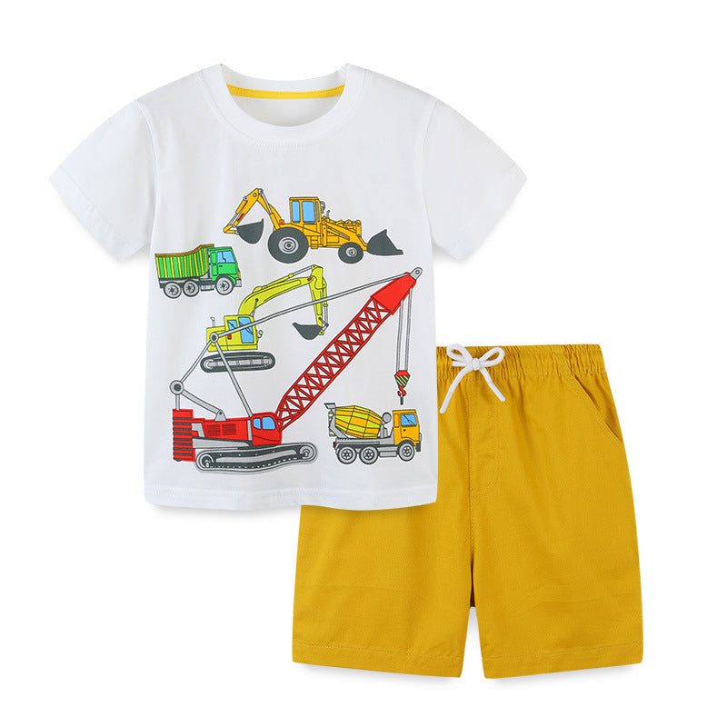 Toddler Kids Boys Solid Color Cartoon Car Print Short Sleeve Suit - PrettyKid