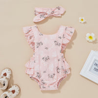 Baby Girls Solid Cotton Floral Print Fly Sleeveless Bodysuit Butterfly Tie Set - PrettyKid