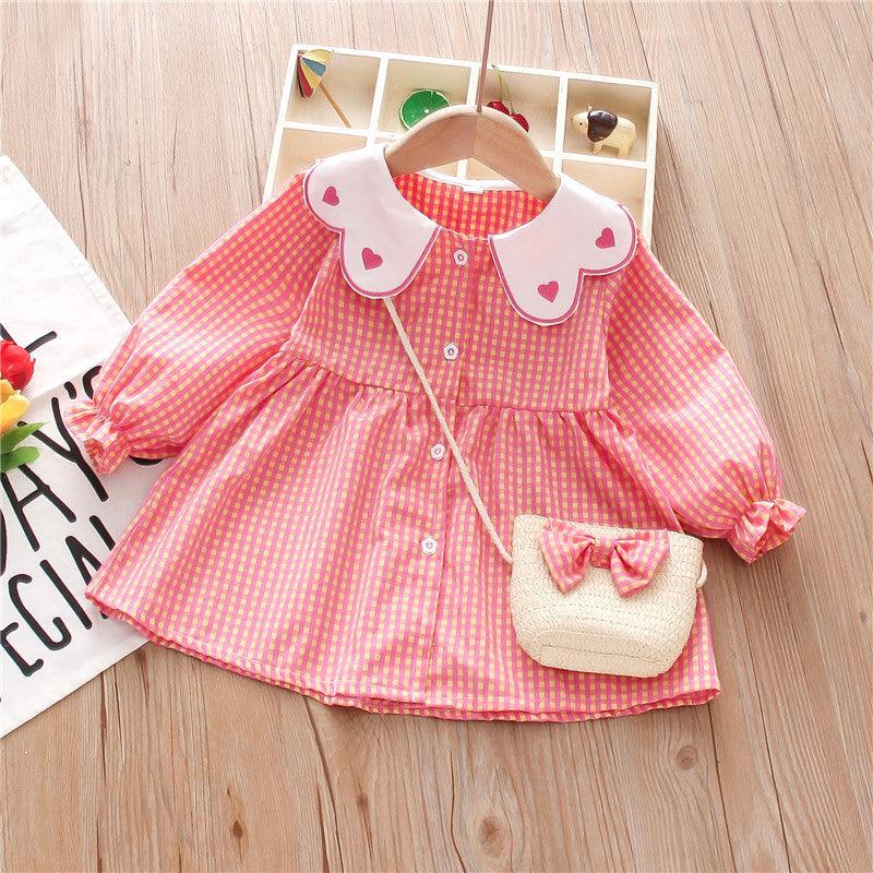 Toddler Kids Girl's Solid Plaid Love Printed Baby Collar Embroidered Dress - PrettyKid