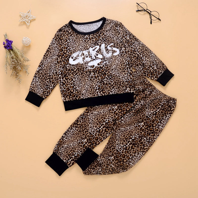 Toddler Kids Girls Round Neck Long Sleeve Leopard Print Set - PrettyKid