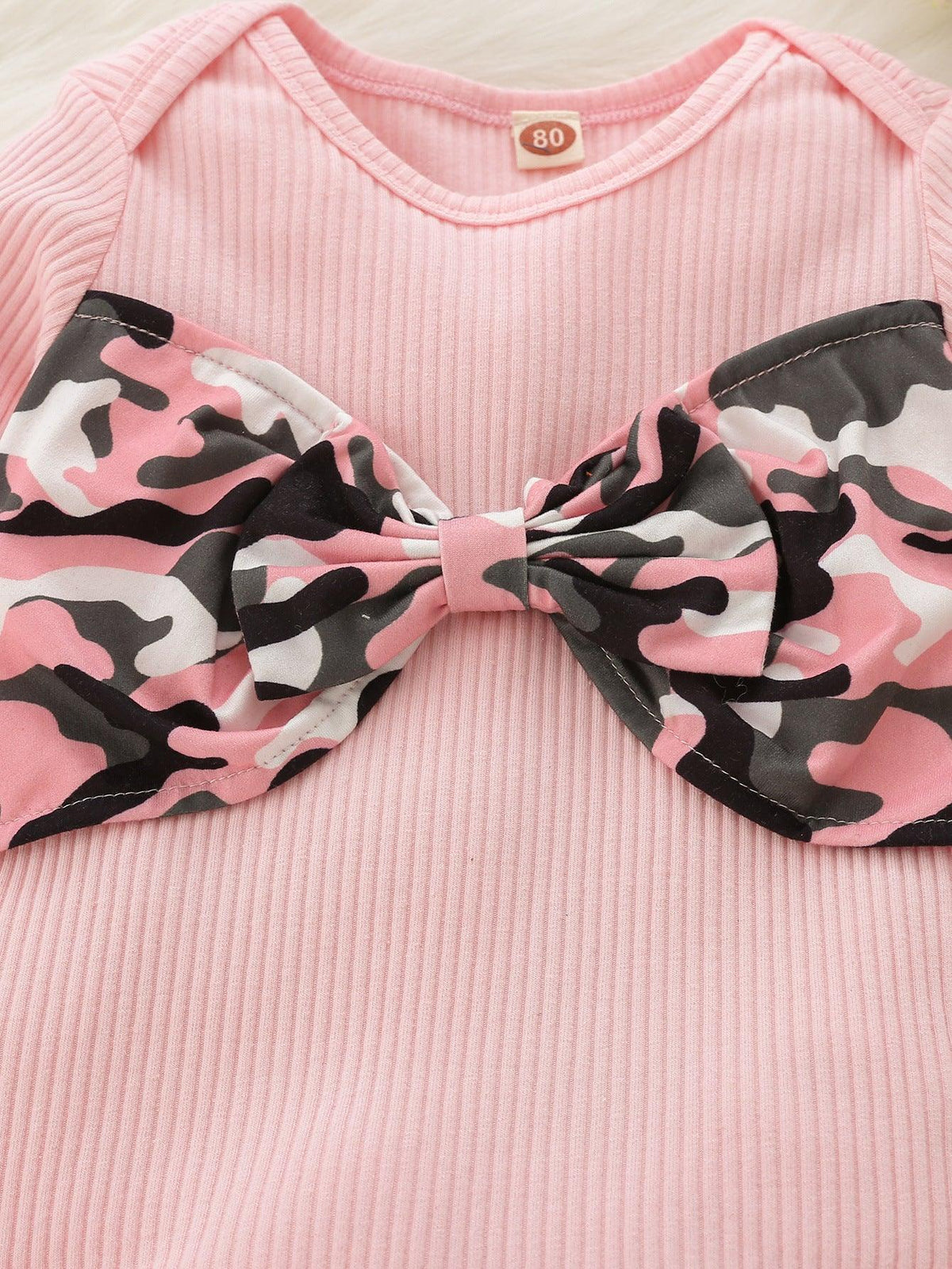 Baby Girls Camouflage Bow Long Sleeve Jumpsuit Pants Set - PrettyKid