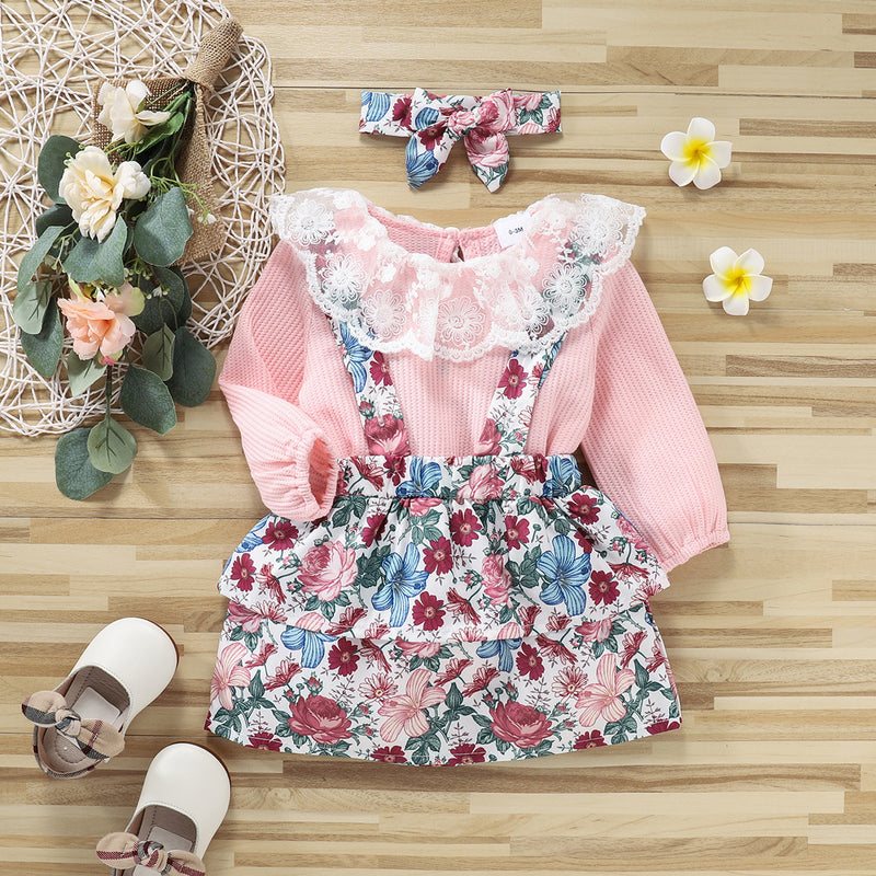 Baby Girls Lace Collar Long Sleeve Jumpsuit Flower Strap Skirt - PrettyKid