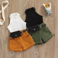 Girls' Neck Hole Top, Shorts, Waist Bag, Three-piece Suit