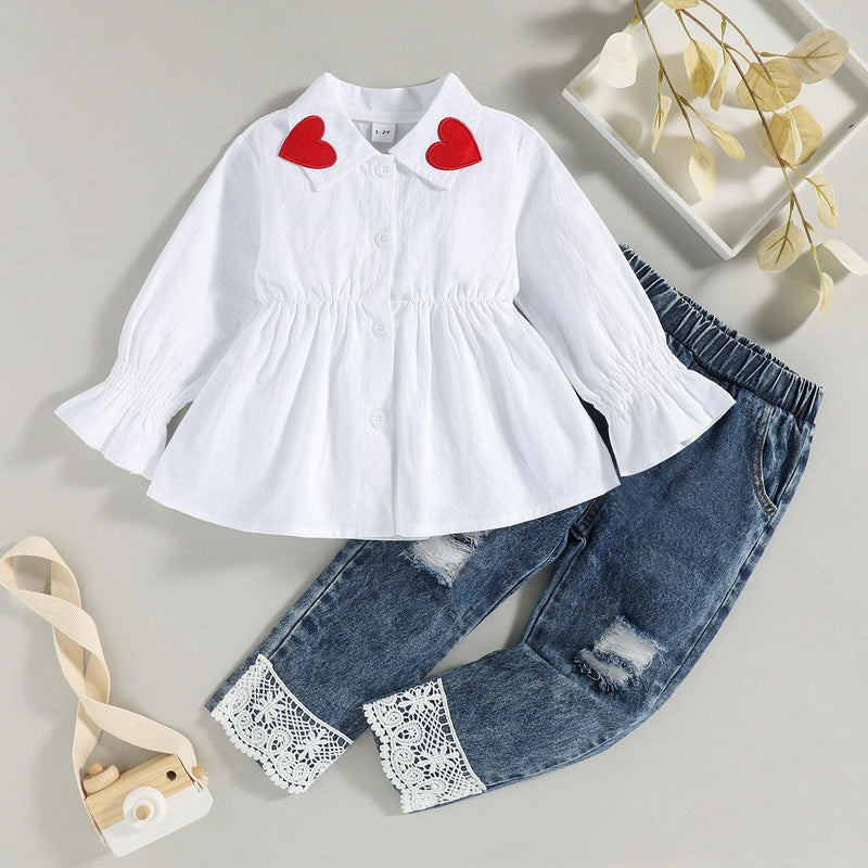 Toddler Kids Girls Girls Solid Color Flared Sleeve Drawstring Shirt Lace Jeans Set - PrettyKid