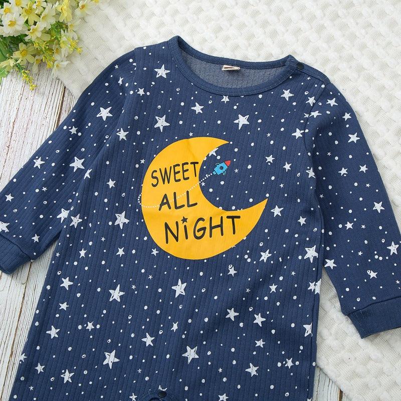 Baby Boys Solid Star Moon Printed Long Sleeve Jumpsuit - PrettyKid