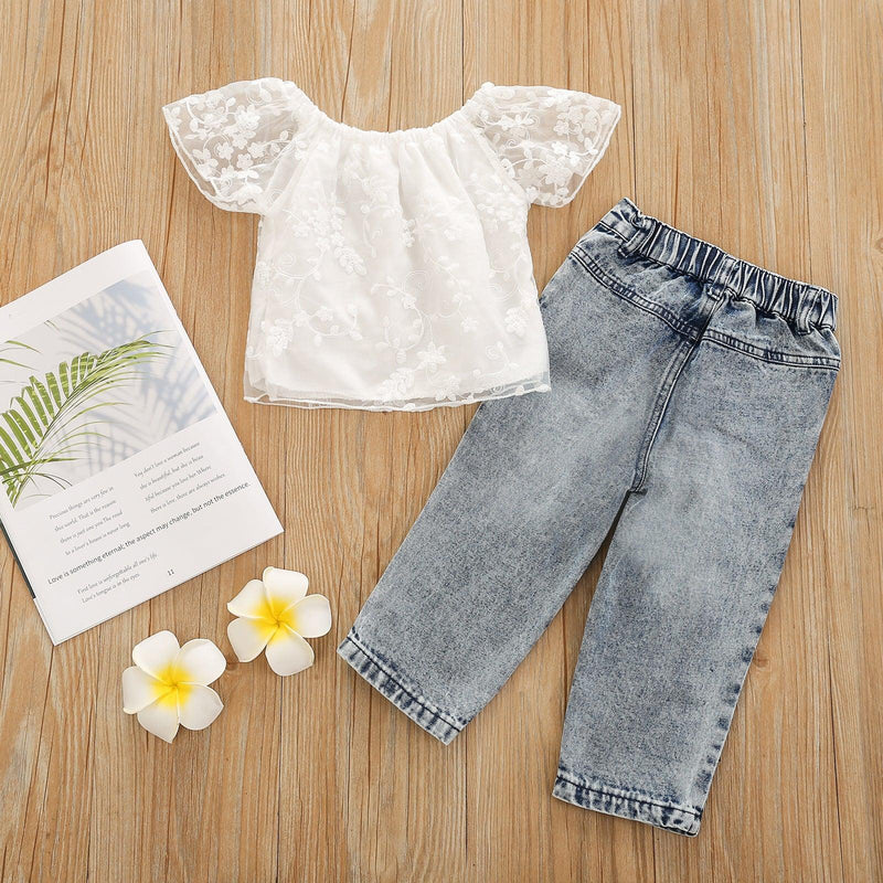 Toddler kids girls' short-sleeved solid color top denim ripped trousers suit - PrettyKid