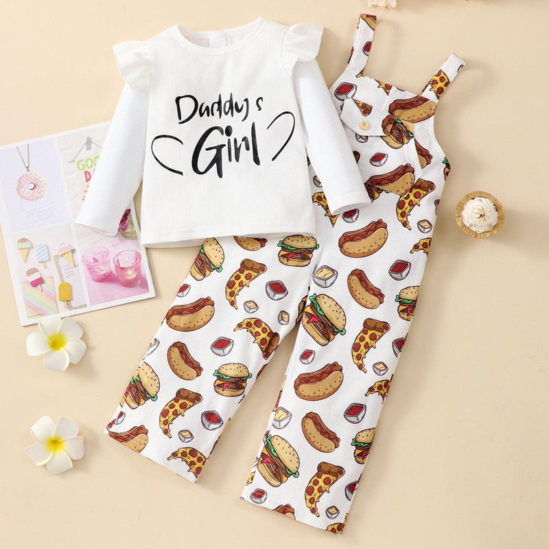 Toddler Kids Girls' Solid Color Letter Printed Long Sleeve Top Cartoon Food Printed Suspender Pants Set - PrettyKid