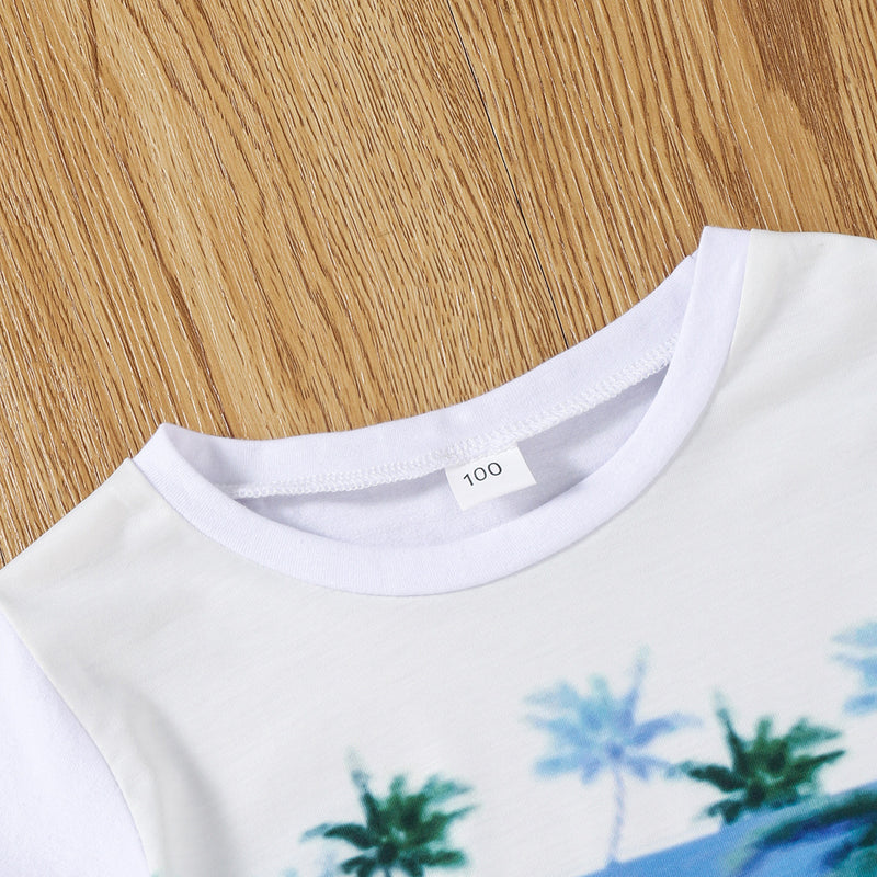 Toddler Kids Boys Solid Beach Coconut Tree Print T-shirt Solid Shorts Summer Set - PrettyKid