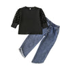 Toddler Kids Girl's Black Mesh Love Embroidery Long Sleeve Top Denim Pants Set - PrettyKid