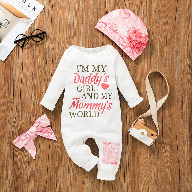 Baby Girls Letter Printed Long Sleeve Jumpsuit Hat Set - PrettyKid