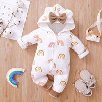 Baby Girl Solid Color Long Sleeve Love Rainbow Printed Hoodie Bow Jumpsuit - PrettyKid