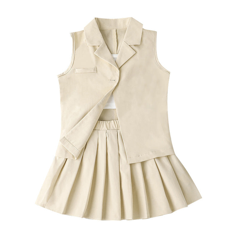 2022 Summer Girls' Sling T-shirt+skirt+vest Coat Three-piece Set - PrettyKid