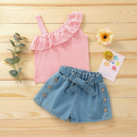 Summer Girls Set Solid Color Single Shoulder Strap Sleeveless Lace Tops Denim Shorts Two-piece - PrettyKid