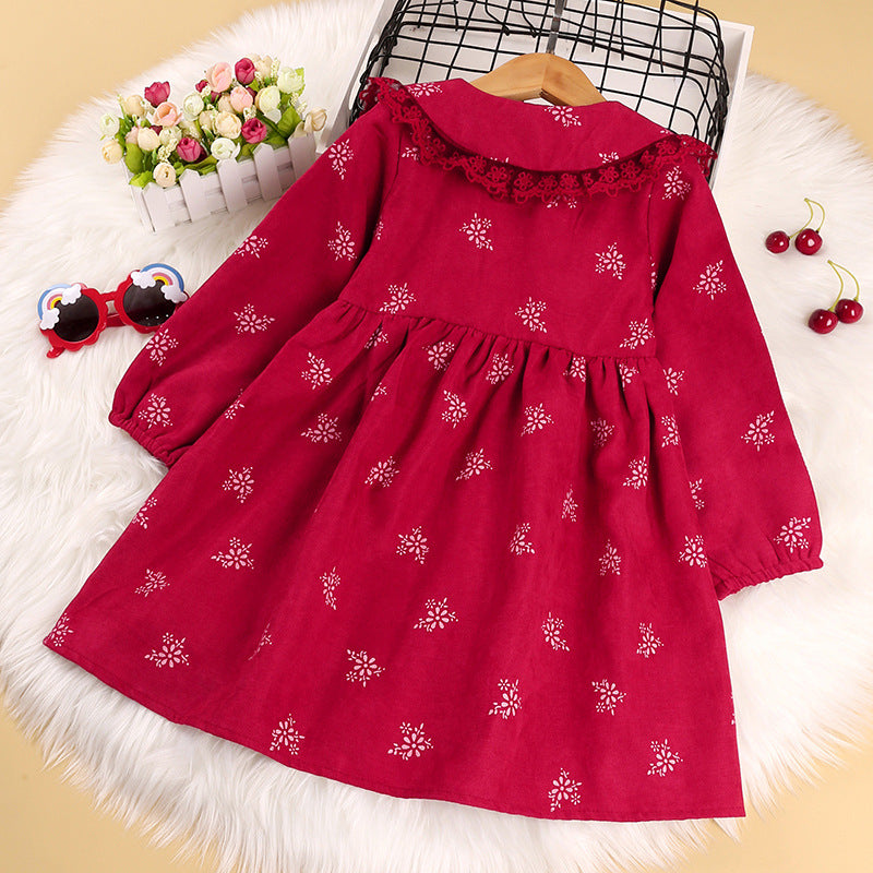 Christmas Children's Dress Girl's Long Sleeve Dress Baby Collar Printed Princess Dress - PrettyKid