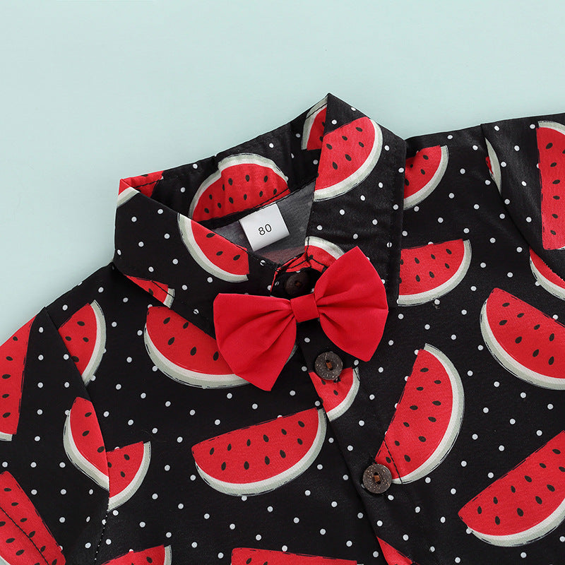 Toddler Kids Boys Watermelon Print Short Sleeve Lapel Shirt Solid Color Suspender Pants Bow Tie Set - PrettyKid