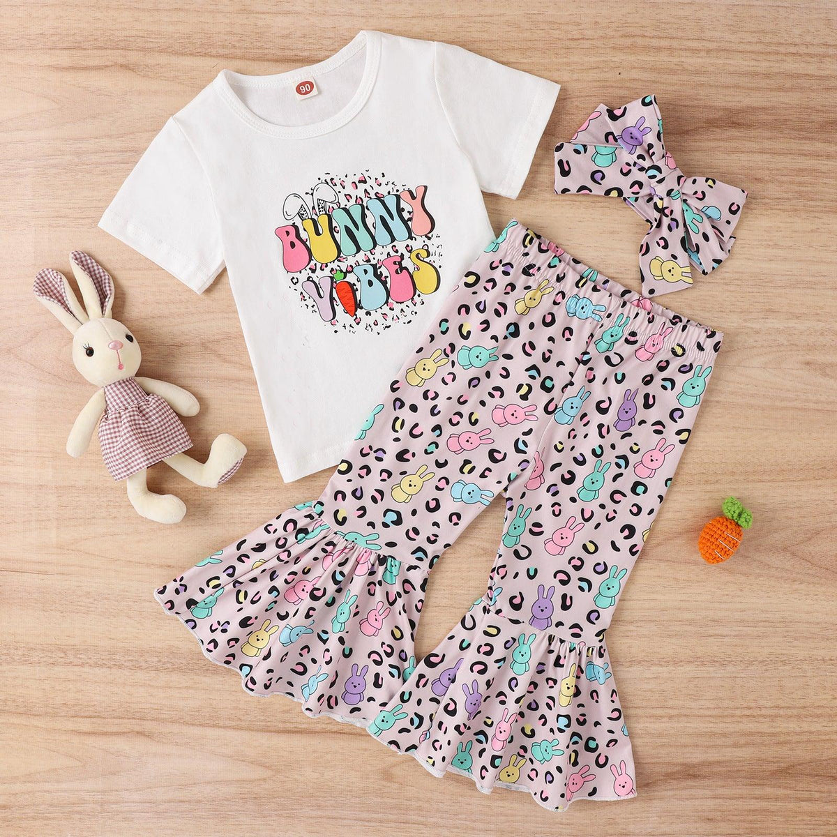 Easter Girls' Letter Printing Short-sleeved Rabbit Flare Trousers Three-piece Set