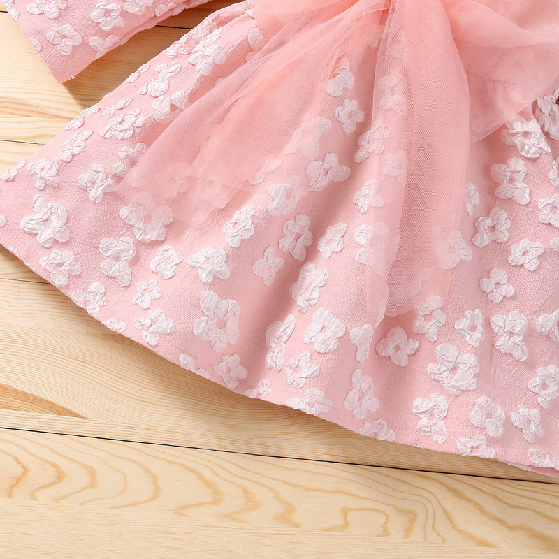 Toddler Kids Girls Pink Jacquard Mesh Bow Long Sleeve Dress - PrettyKid