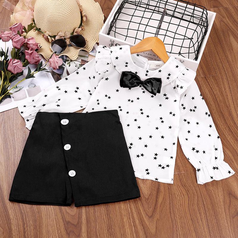 Toddler Kids Girls Solid Color Stars Printed Long-sleeved Shirt Solid Color Short Skirt Set - PrettyKid