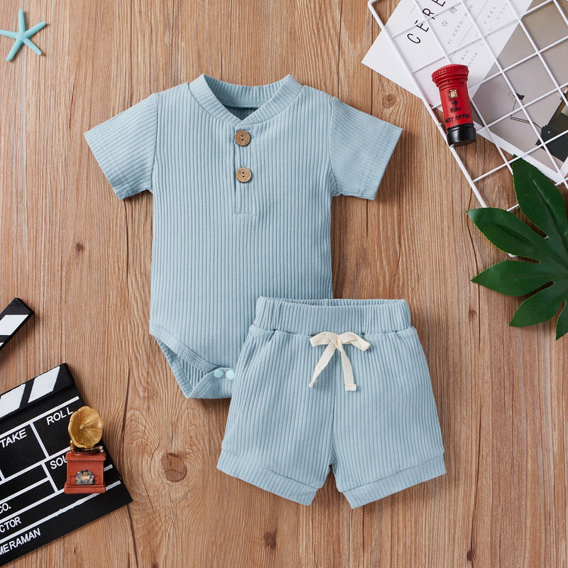 Children's Five-color Pit Stripes Short-sleeved Tops Shorts Two-piece Suit - PrettyKid