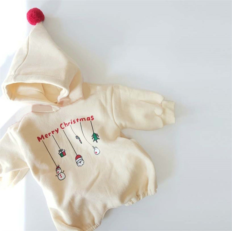 Baby Boys Girls Solid Cartoon Christmas Print Wool Ball Hooded Bodysuit Creeper - PrettyKid