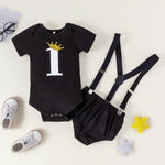 Baby Boys Solid Summer Digital Crown Print Bow Tie Short Sleeve Romper Triangle Shorts Strap Set - PrettyKid