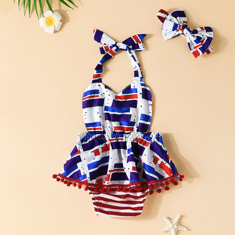 Baby Girls Summer Suspender Stripe Jumpsuit Bow Headdress Set Independent Day Dress - PrettyKid