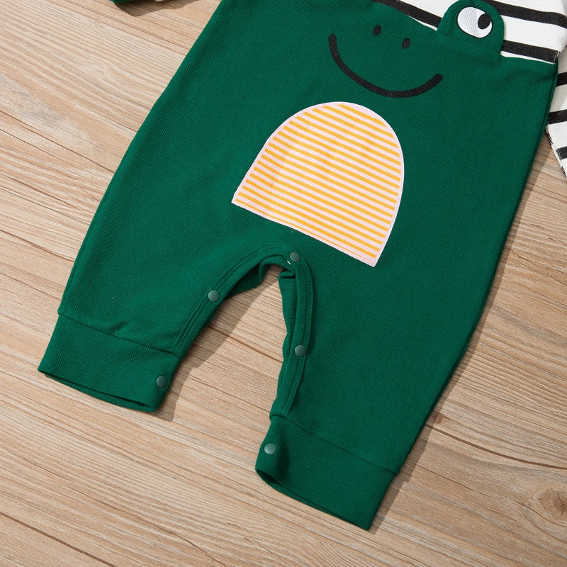 Baby Boys Green Striped Frog Long Sleeve Jumpsuit - PrettyKid