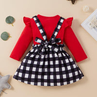 Toddler Kids Girl Red Round Neck Long Sleeve Top Plaid Love Printed Suspender Skirt Set - PrettyKid