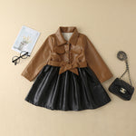 Girls' Autumn and Winter Leather Jacket Medium Length Splicing PU Leather Skirt Coat - PrettyKid