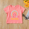 Toddler Kids Girl Solid Color Cartoon Letters Rainbow Print T-shirt Shirt Denim Shorts Set - PrettyKid