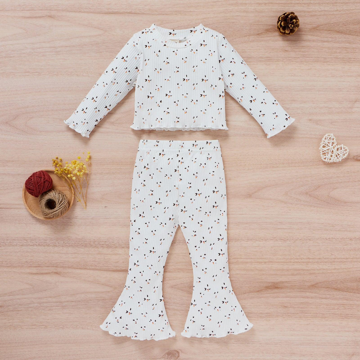 Toddler Girls Cotton Printed Long Sleeve Jacket Flared Trousers Set - PrettyKid