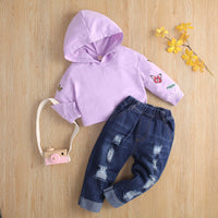 Toddler Kids Girls Long Sleeve Printed Hoodie with Holes Jeans Pants Set - PrettyKid