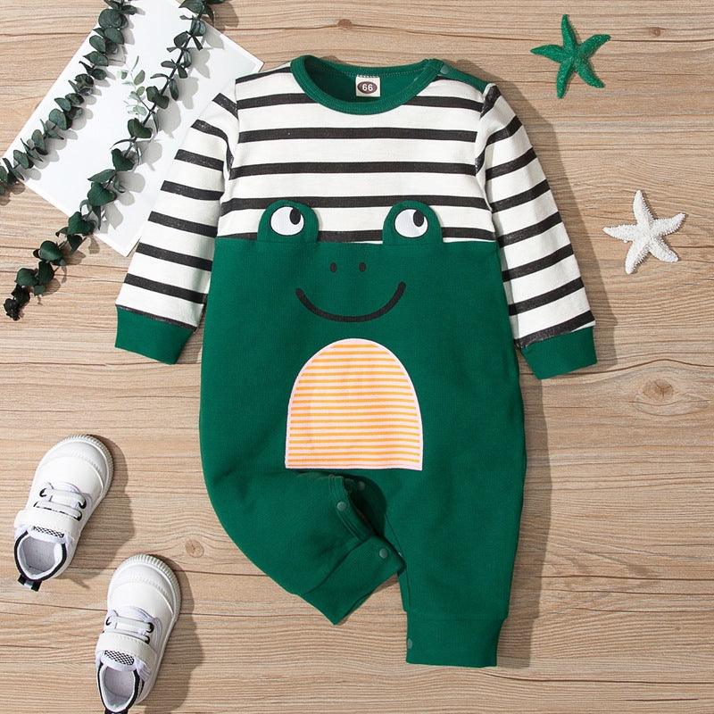 Baby Boys Green Striped Frog Long Sleeve Jumpsuit - PrettyKid