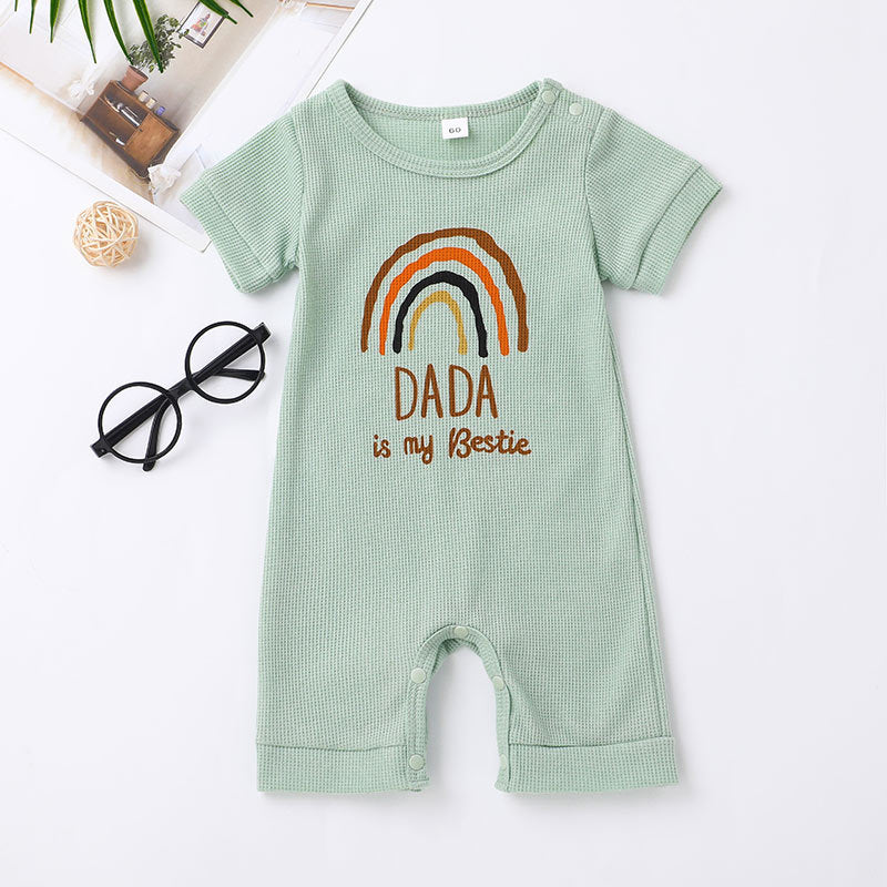 Baby Solid Letter MAMA DADA Rainbow Print Short Sleeve Jumpsuit - PrettyKid