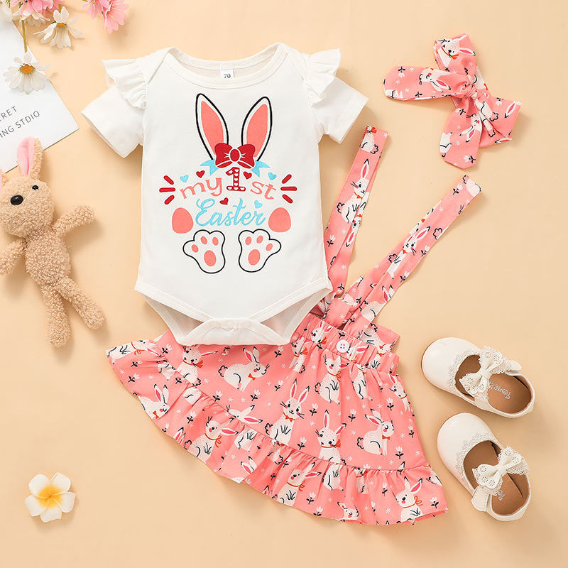 Baby Girl Solid Color Lovely Rabbit Short Sleeve One-piece Dress Printed Suspender Skirt Set - PrettyKid