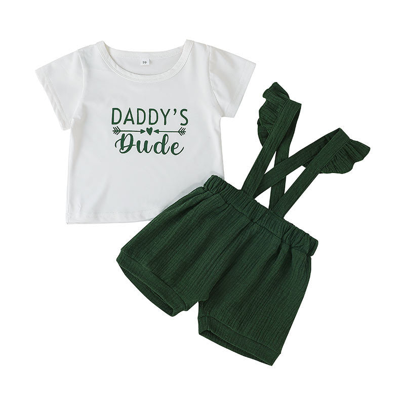 Toddler Kids Girls Solid Letter Short Sleeve T-shirt Cross Strap Shorts Set - PrettyKid