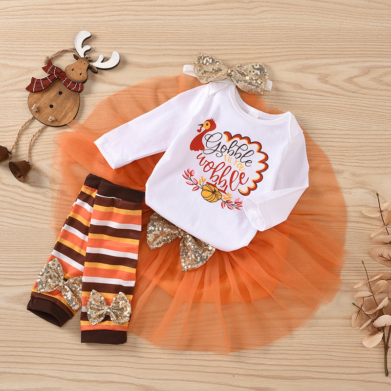 Baby Girls Turkey Thanksgiving Long Sleeve Jumpsuit Gauze Skirt Foot Cover Hair Band Set Wholesale Baby Clothes Vendors - PrettyKid
