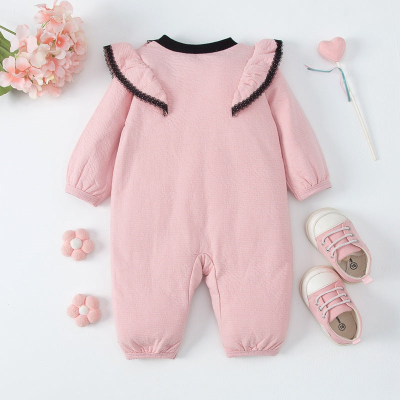 Baby Girls Solid Color Bow Long Sleeve Jumpsuit - PrettyKid