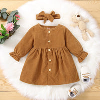 Toddler Kids Girls Solid Color Long Sleeve Button Dress Hairband Two Piece Set - PrettyKid