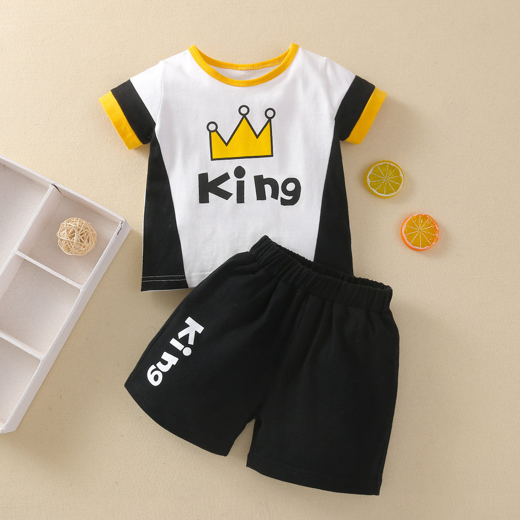 Toddler Boys Color Blocked Cartoon Crown King Letter Short Sleeve Set - PrettyKid