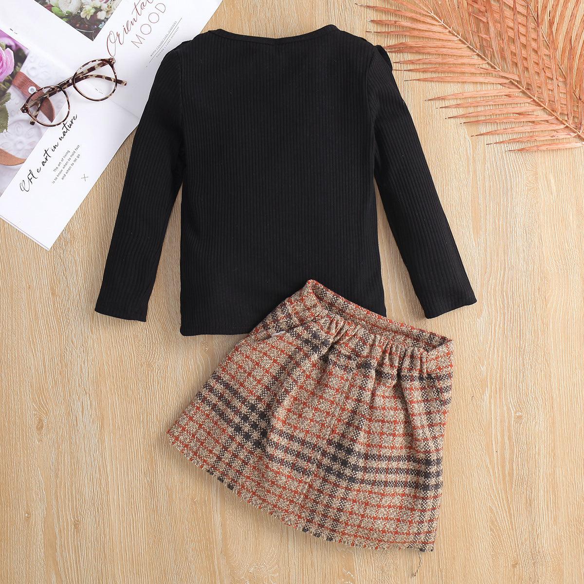 Children Girls Long Sleeve Round Neck Lace Knit Top Plaid Half Skirt Set - PrettyKid