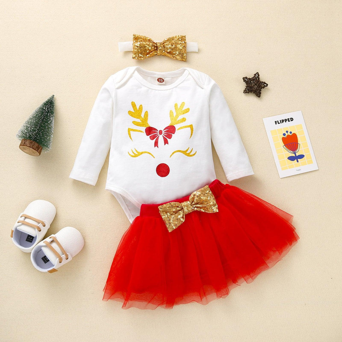 Baby Girls Long Sleeve Lovely Christmas Printed Jumpsuit Dress Mesh Skirt Set - PrettyKid