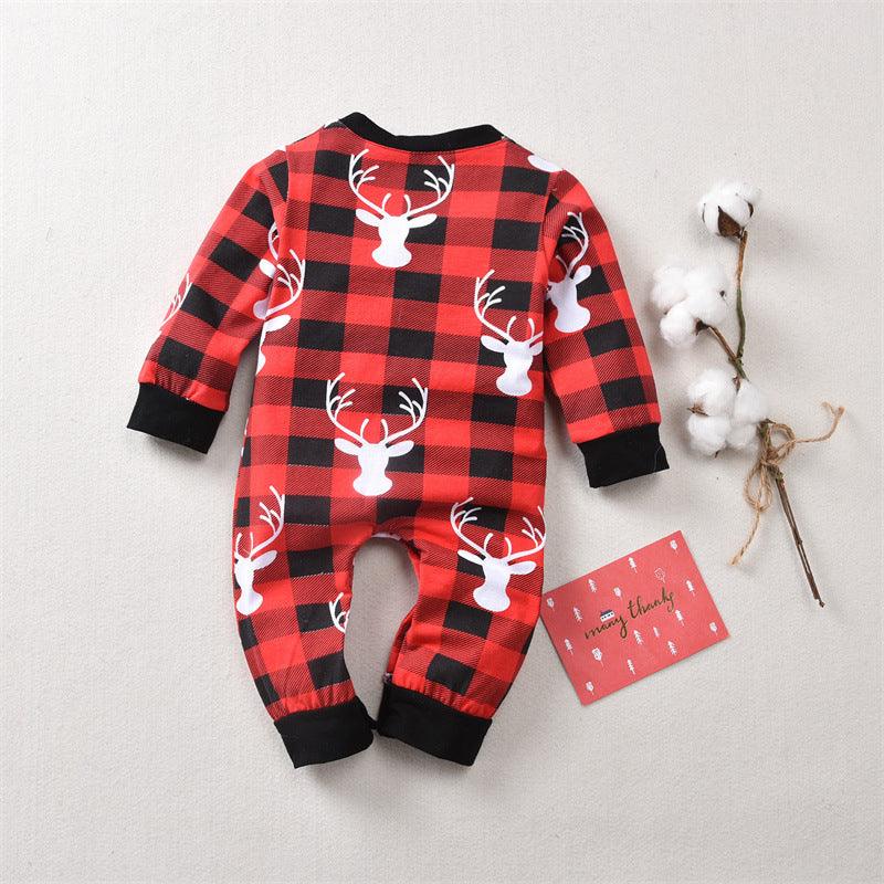 Children Cartoon Deer Head Christmas Print Plaid Long Sleeve Christmas Suit - PrettyKid