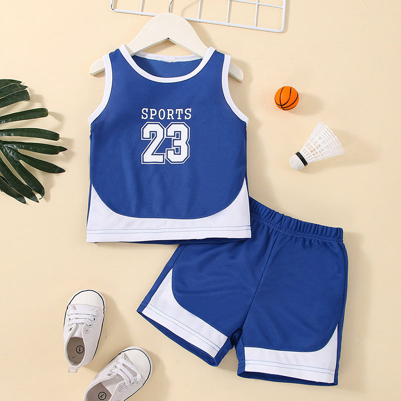 Toddler Boys Solid Letter Printed Sleeveless Vest Top Shorts Summer Basketball Suit - PrettyKid